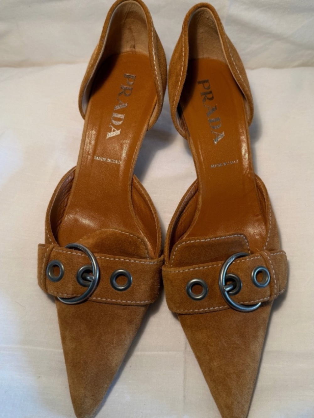 Vintage Prada S/S 2002 Brown Suede Buckle Kitten Heels Size 39 - Picture 5 of 10